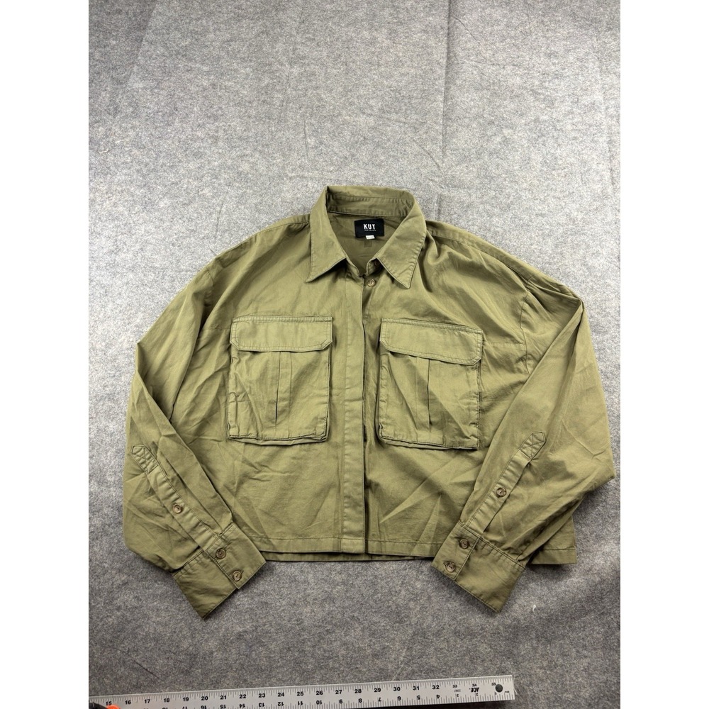 Kut From The Kloth Long Sleeve Cropped Utility Military Shirt Green Women's XL